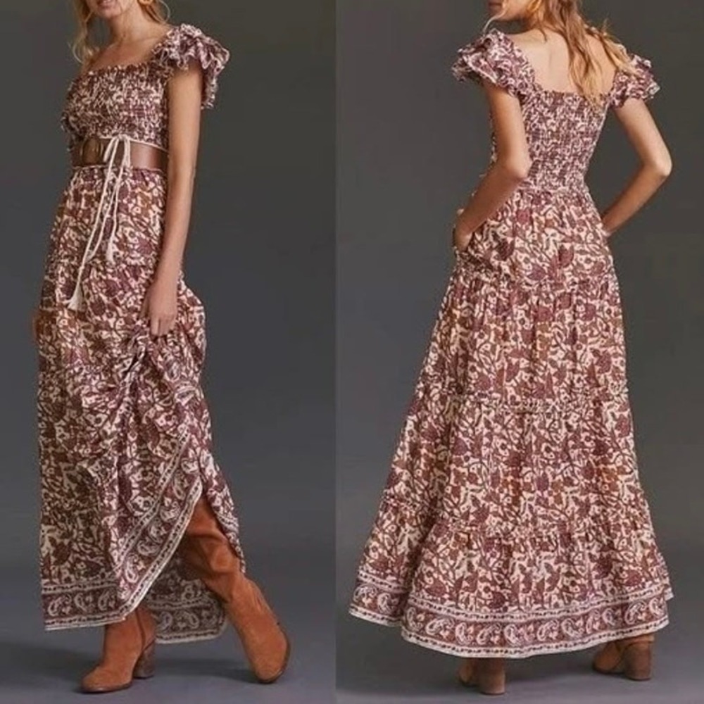 Anthropologie Love the Label Maxi Dress S Cottagecore Smocked Tiered Block Print